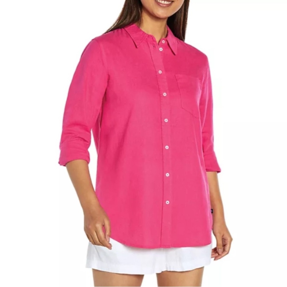 GAP Long Sleeve Relaxed Fit Linen Collared Button Down Top - Beetroot Purple